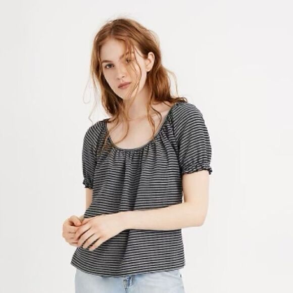 Madewell Texture & Thread Size Small Navy Blue & White Striped Peasant Top - Picture 1 of 10